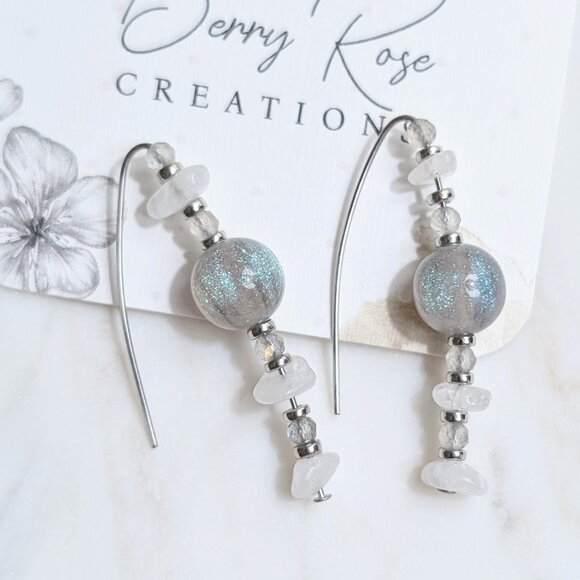 Shimmer Resin and Quartz with Labradorite Steel Drop Hook Earrings - Picture 4 of 7